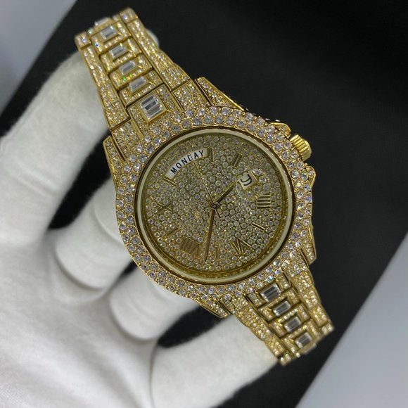 Full Rhinestone&Diamond Covered Bling Iced Out 18K Gold Plated Men's Watch - Picture 1 of 6